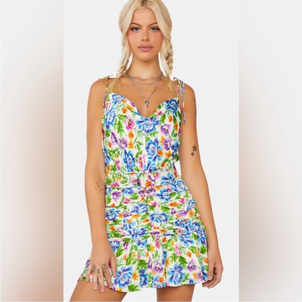 For Love & Lemons Miranda Vibrant Bright Floral Mini Dress with Belt NEW MEDIUM - Picture 3 of 7